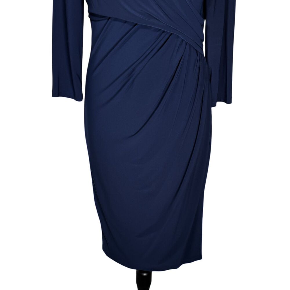 Lauren Ralph Lauren Dress 16 Navy Blue Ruched Faux Wrap Midi Sheath Stretch - Picture 8 of 10